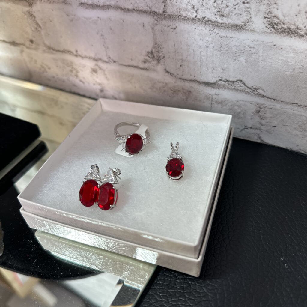 Red/Silver Earring/Ring/Pendant Set